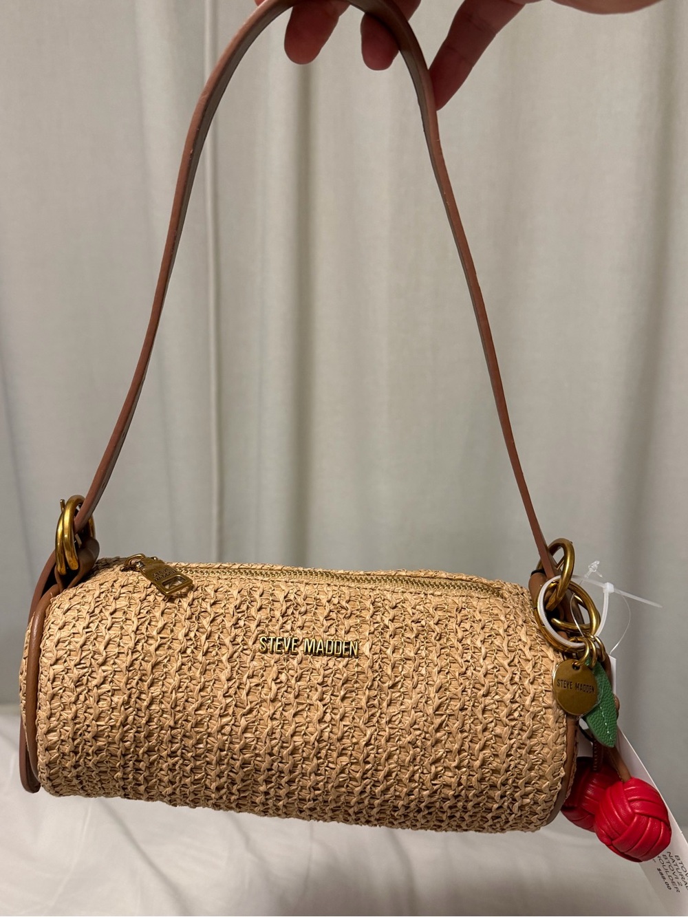 Steve Madden Tan Woven Barrel Shoulder Bag with Cherry Charm